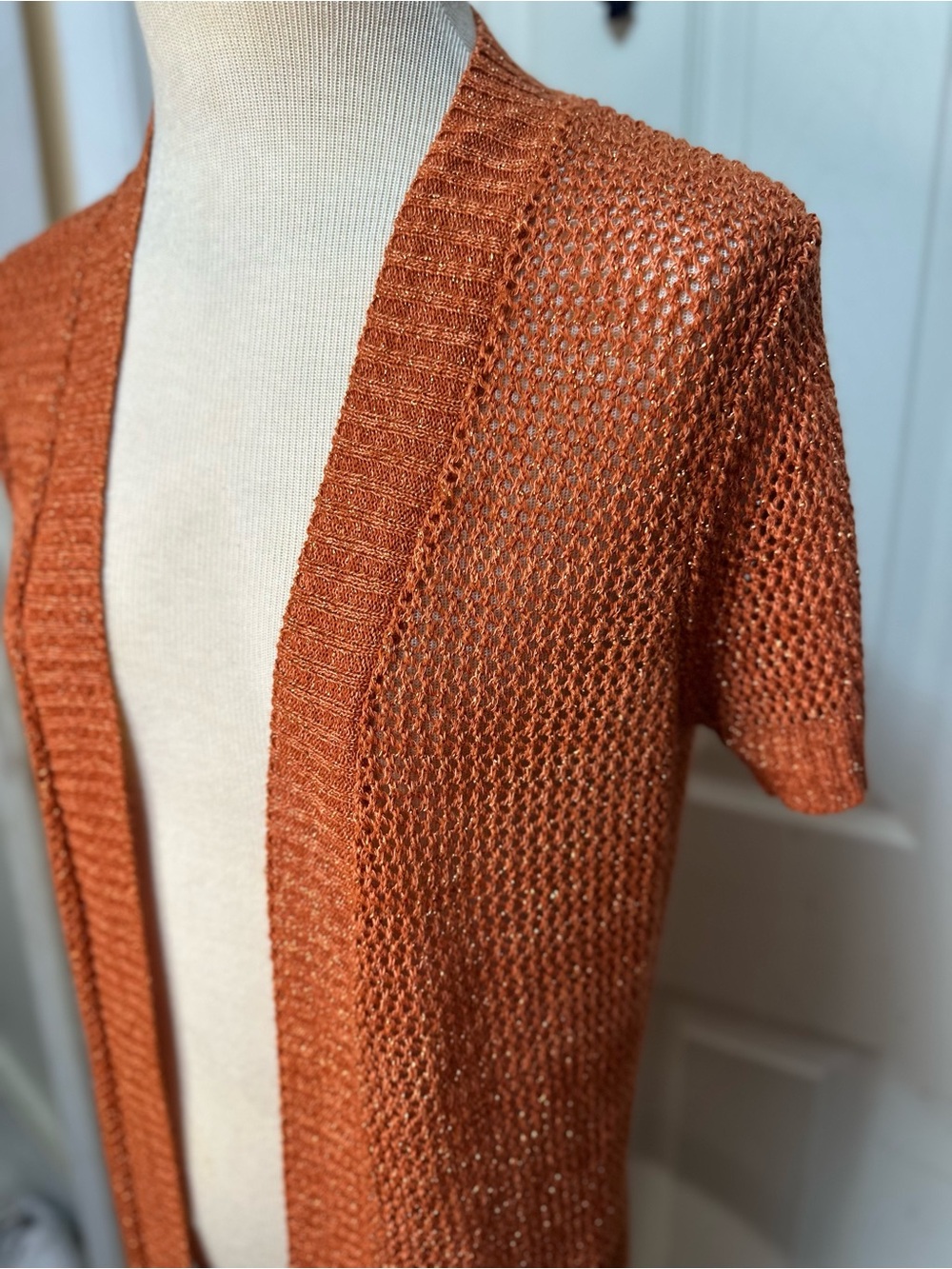 August Silk Orange Metallic Open Knit Short Sleeve Cardigan Size Petite small - Picture 3 of 5